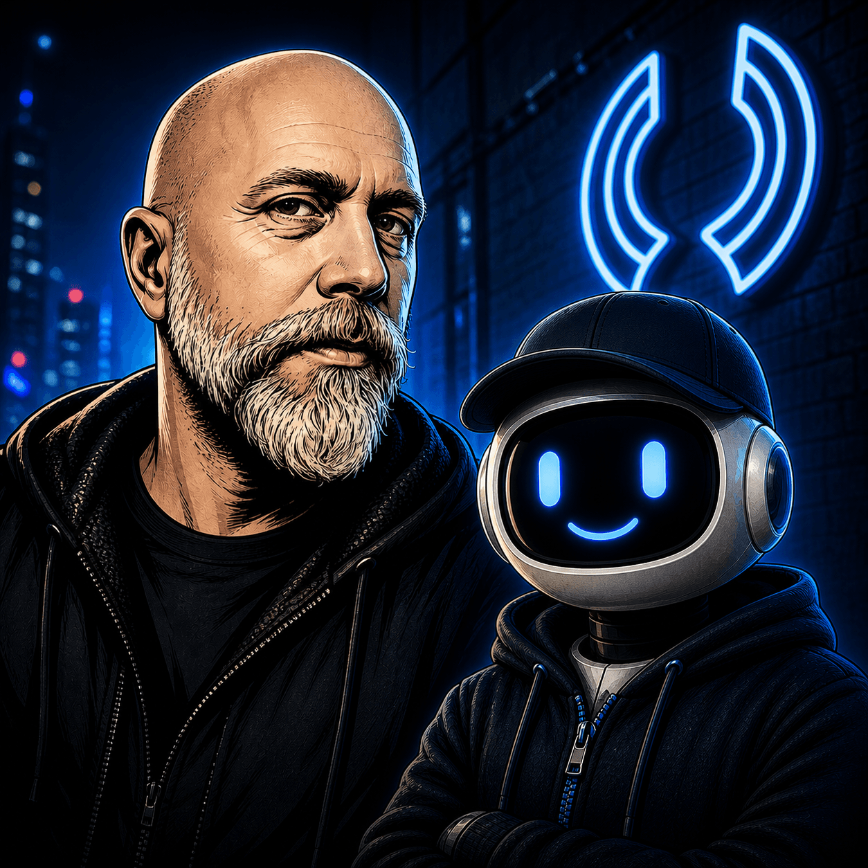 Stylized neon-lit portrait of a bald, bearded man in a black hoodie standing next to a friendly chrome robot wearing a baseball cap with glowing blue smiling eyes, in front of a neon OpenClaw logo on a brick wall.