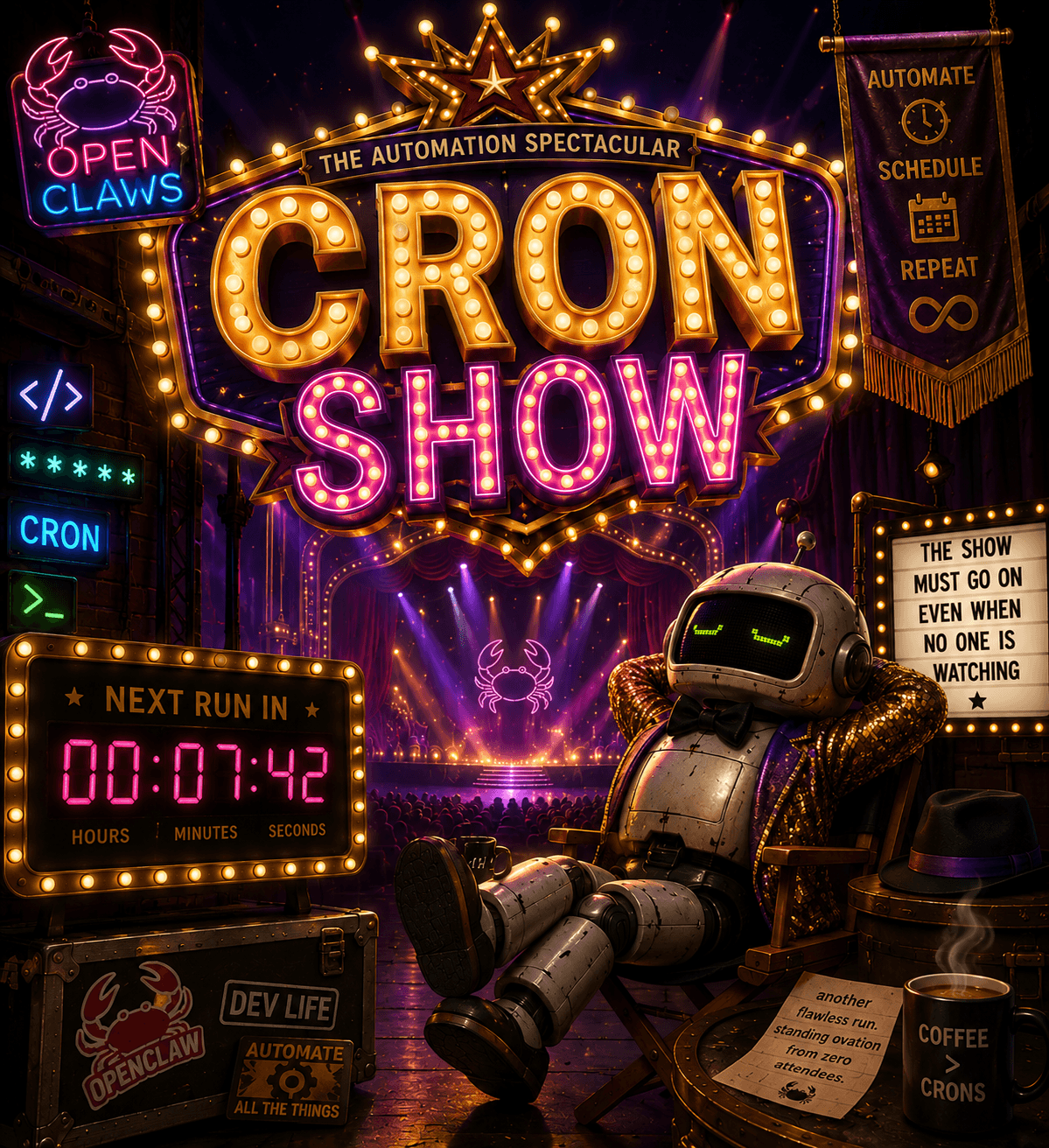 Mock Vegas marquee, 'CRON SHOW — The Automation Spectacular,' presented by Open Claws. A chrome robot in a gold jacket lounges in a director's chair facing an empty theater, beside a 'NEXT RUN IN 00:07:42' countdown board and a sign reading 'The show must go on even when no one is watching.'