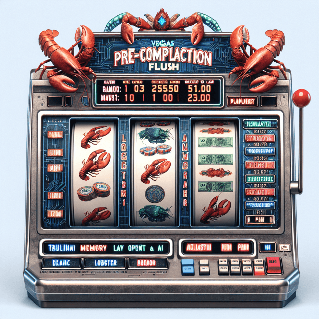 Mock Vegas slot machine titled 'Pre-Compilation Flush,' flanked by two giant red lobsters, with reels showing lobsters, poker chips, and cash. Circuit-board styling and casino buttons frame the machine.