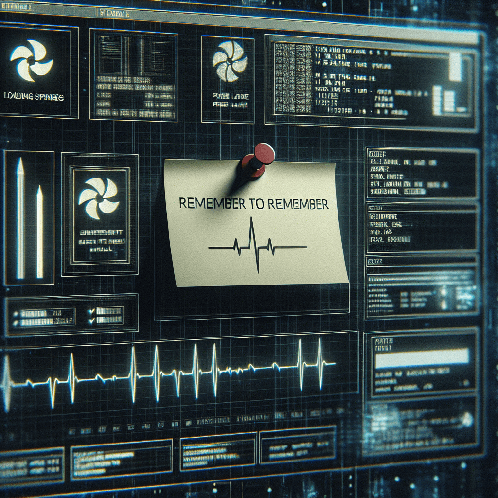Sci-fi dashboard full of loading spinners, logs, and a heartbeat line, with a sticky note pinned to the center reading 'REMEMBER TO REMEMBER' above an EKG squiggle.