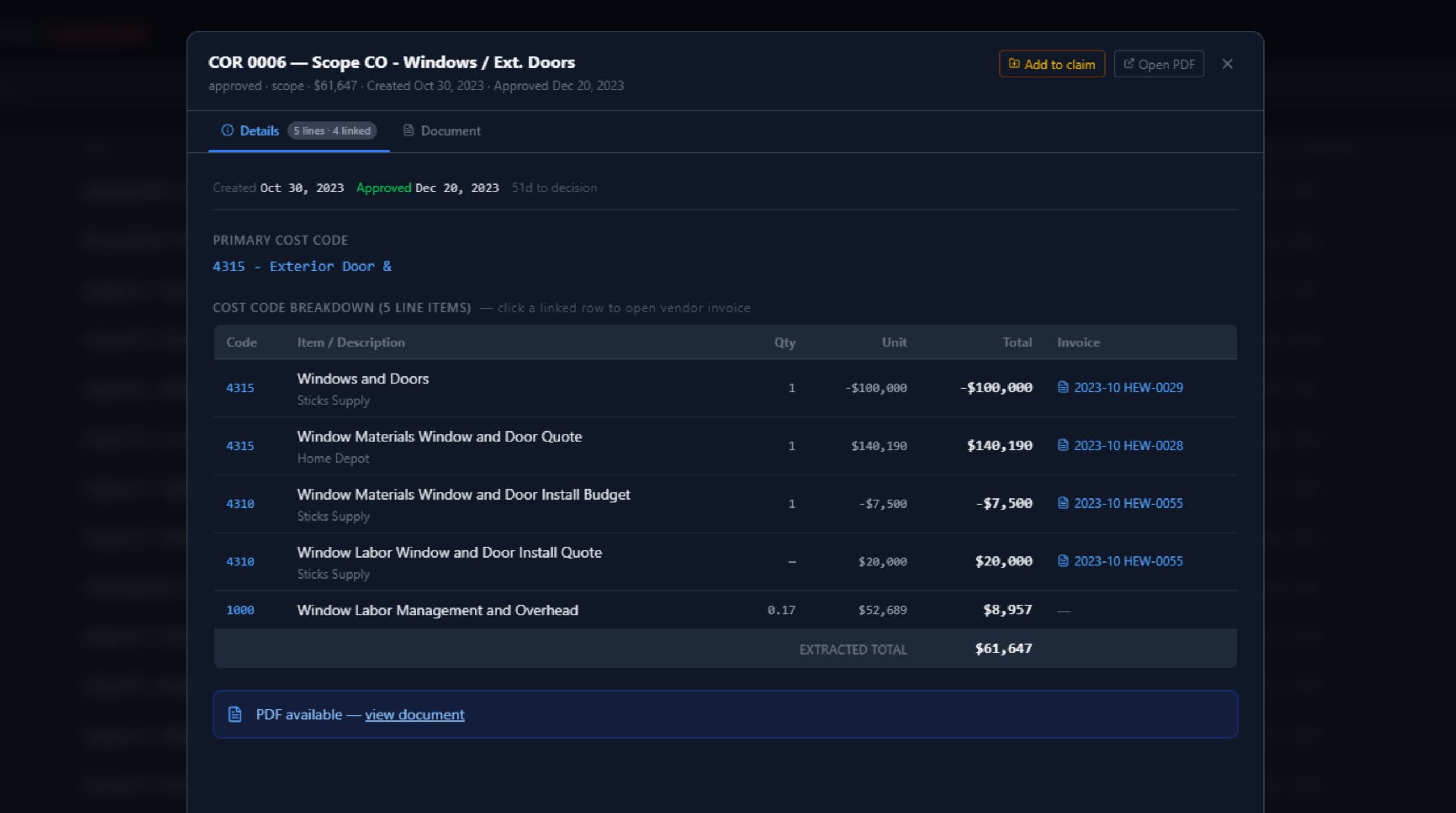 Construction Dispute Workspace — change order with linked vendor invoices