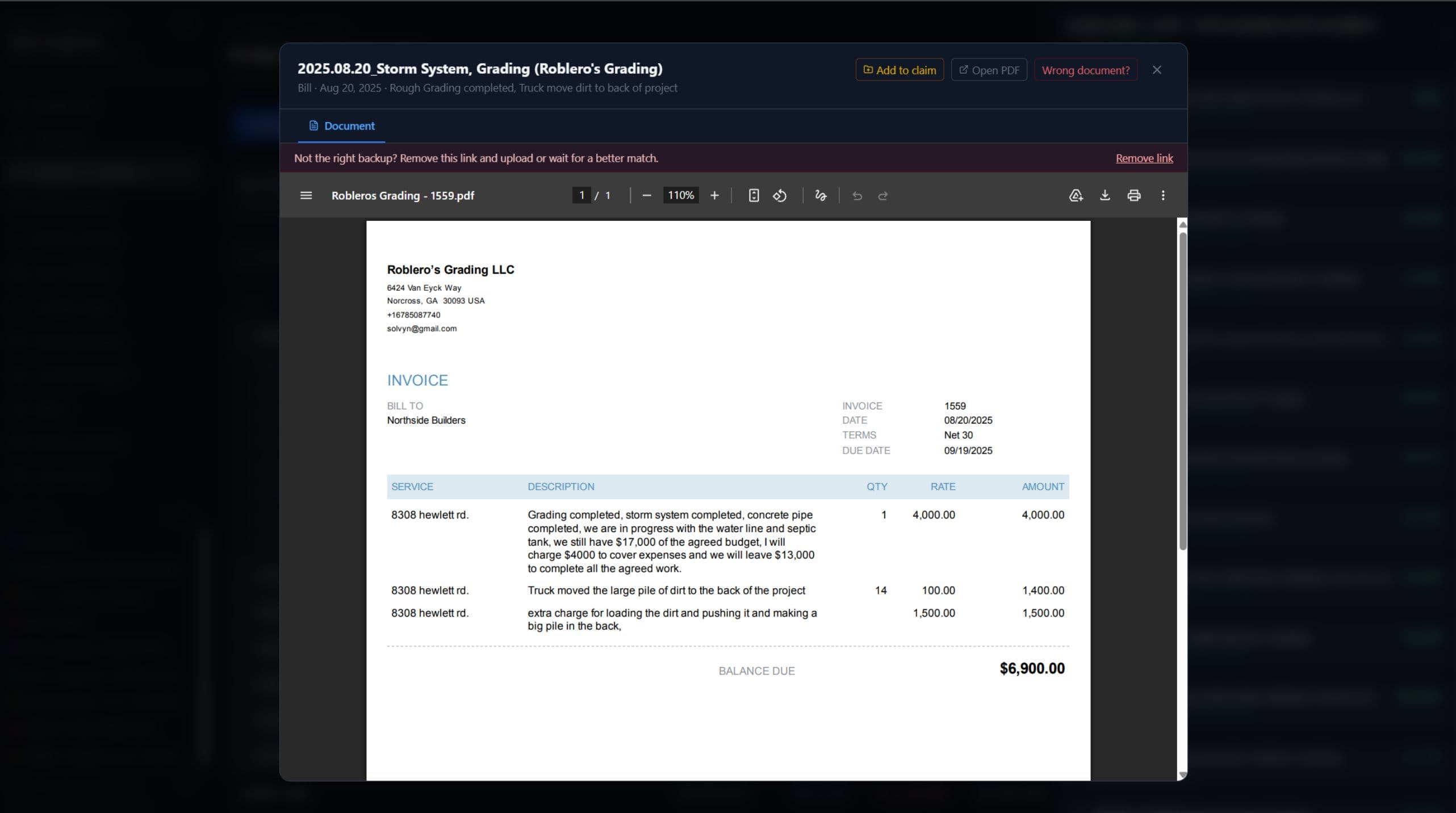 Construction Dispute Workspace — source document linked to a grading invoice