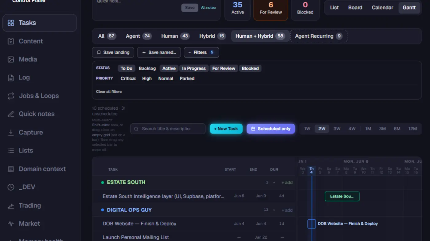 Digital Ops Box Platform — domain-colored Gantt across Estate South, ASO, BuildPM, and more