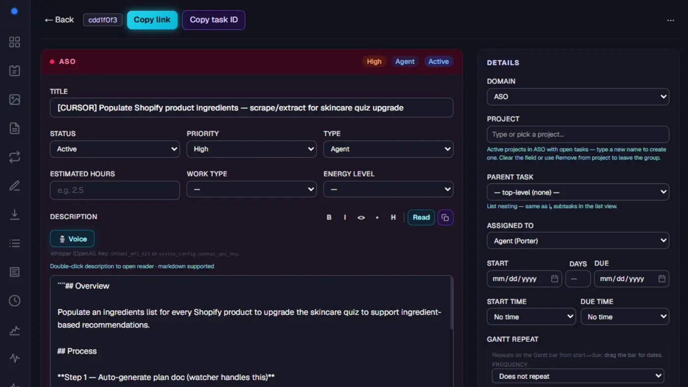 DOB Platform — task detail with agent execution plan