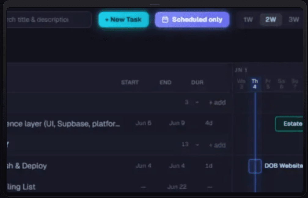 DOB Platform — control plane with live trading tape and navigation