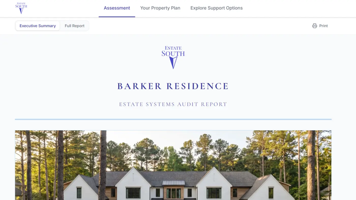 Estate South OS — branded audit report for Barker Residence