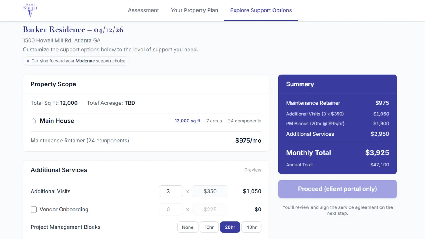 Estate South OS — support package builder with live pricing