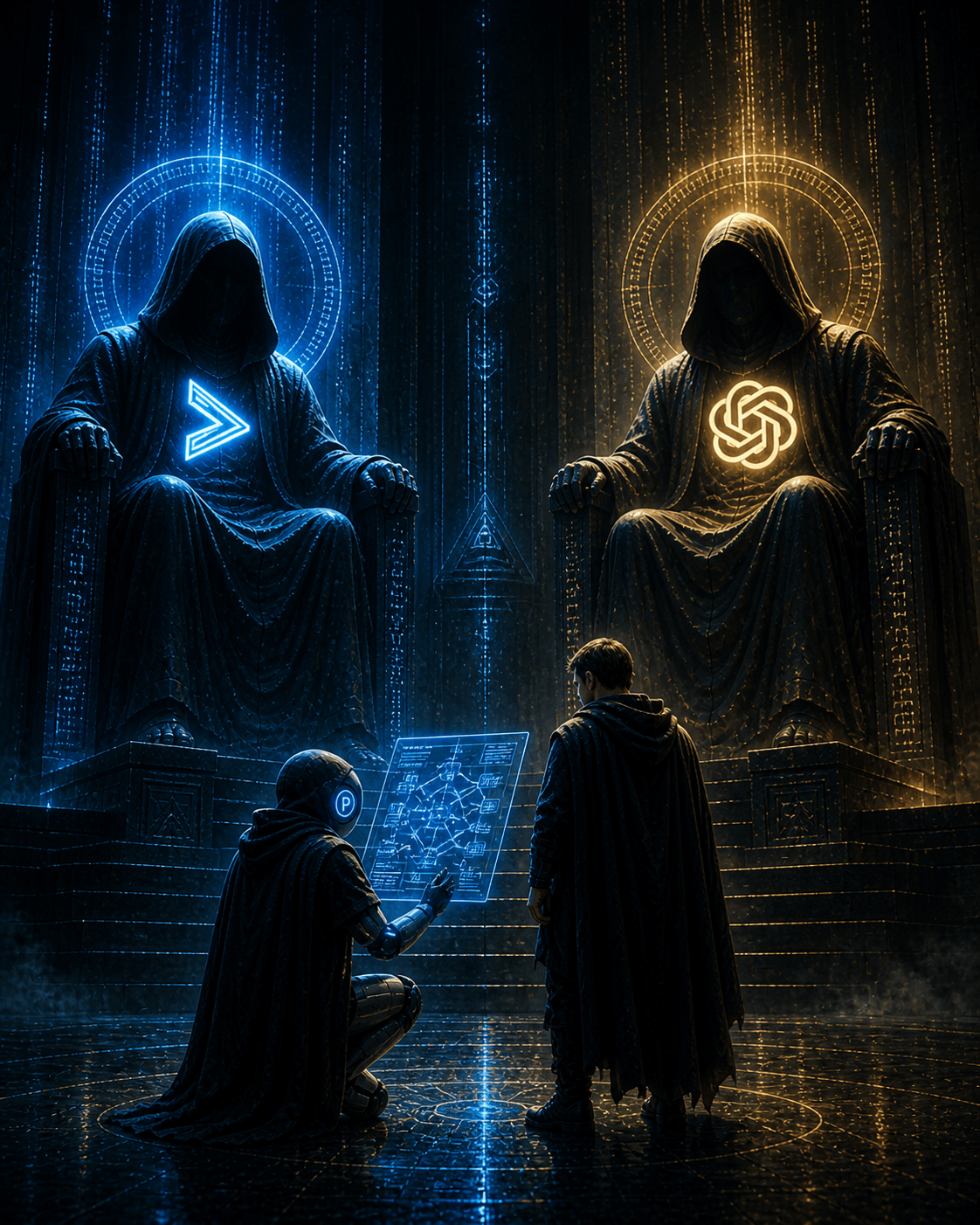 Dark, cathedral-like scene with two enthroned hooded statues in falling-code rain — one glowing blue with a '>' chevron, one glowing gold with the OpenAI logo. A small acolyte marked with a 'P' kneels with a glowing schematic while a caped figure stands deciding between them.